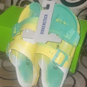 Birkenstock Two-Tone Yellow and Teal Sandals